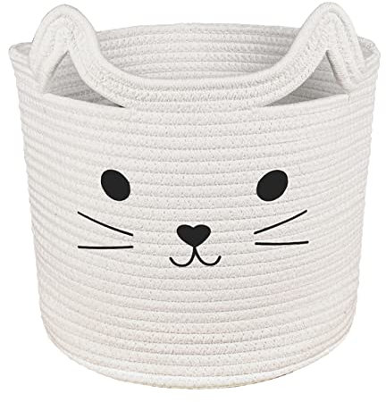 Bigepige Aufbewahrungskorb Kinder, Baby Spielzeug Baumwollseil Aufbewahrung Korb Geflochten, WäSchekorb Klein Faltbar Kinderzimmer Deko Katze(28x28x24cm)
