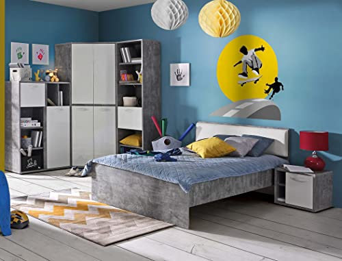 expendio Jugendzimmer Coburg 24 Betonoptik weiß 5-teilig Kinderzimmer Jugendbett Nako Eck-Kleiderschrank 2X Regal