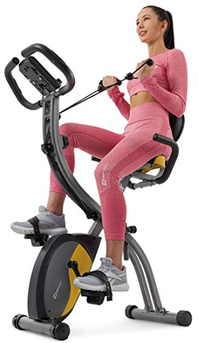 Hop-Sport 3-in-1 Heimtrainer Fahrrad klappbar HS-3010x Grix mit Widerstandsbändern für Ganzkörpertraining, Fitnessbike mit LCD-Display, Pulssensoren, Ergometer mit 5kg Schwungrad & 8 Widerstandsstufen