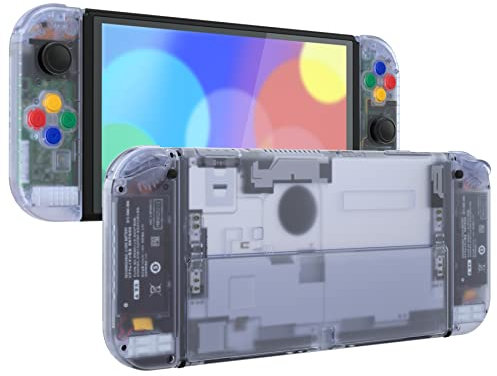 eXtremeRate Cover Pulsanti Tasti Ricambio per Nintendo Switch OLED Console Joycon,Custodia Posteriore Controller Scocca Supporto Shell Kickstand per Nintendo Switch OLED-Trasparente Blu Ghiacciaio