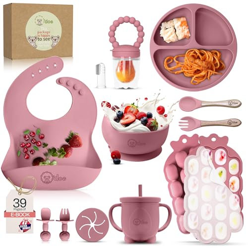 O'doe Vaisselle Bebe | Set Repas Bebe 1er Age 15 Pièces – Coffret Repas Bebe avec Bol Silicone à Ventouse, Cuillères, Tasses, Bavoirs, Assiettes – Set Repas Bébé Complet | Coffrets Repas LED