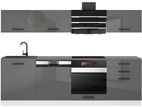 Belini Küchenzeile Küchenblock Linda - Küchenmöbel 240 cm Einbauküche Vollausstattung ohne Elektrogeräten mit Hängeschränke und Unterschränke, mit Arbeitsplatten, Silber Hochglanz