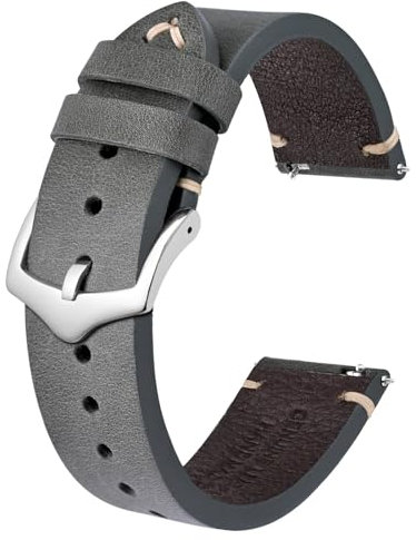 BISONSTRAP Uhrenarmband für Herren, Handgefertigte Stiche Leder Armband, Schnellverschluss, 22mm, Grau mit Silberner Schnalle
