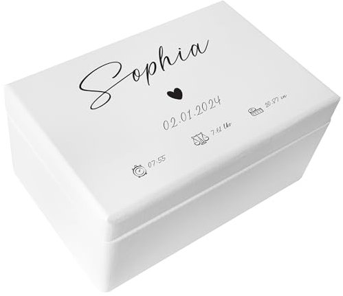 Creative Deco Weiße Erinnerungsbox Baby Personalisiert Herz mit Namen | 30 x 20 x 14 cm | Individuelle Erinnerungskiste Geschenk zur Geburt für Mädchen und Jungen | Holzkiste mit Deckel | Farbdruck