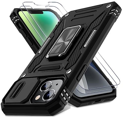 DEERLAMN iPhone 13/iPhone 14 Case 6.1 Inch with Sliding Camera Cover and Screen Protector (2 Packs), Rotating Ring Kickstand Military Grade Shockproof Protective Case for iPhone 13/iPhone 14