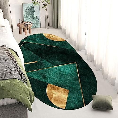 SRTJURFG Modern Designer Teppiche Oval Groß Teppiche Kinderteppiche Wohnzimmer Flauschige Groß Schutzmatten Smaragd Dunkelgrün Gold Geometrisch, 70 x 100 cm