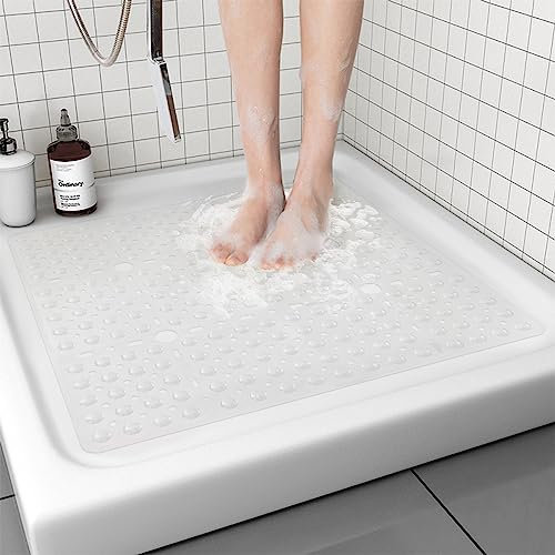 BWBIKE Antideslizante Alfombra Cuadrada 69x69CM Alfombrilla para Bañera y Suelo de Ducha Alfombrilla para Bañera con Ventosas y Agujeros de Desagüe Alfombrilla para Cabina de Ducha,Blanco