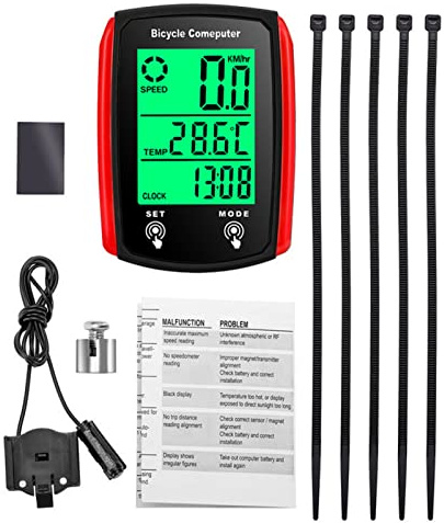 Oniissy Tacho-Kilometerzähler, wasserdichter Fahrradtacho Kilometerzähler mit LCD-Hintergrundbeleuchtung, Fahrradcomputer, Fahrradzubehör für Rennrad, Mountainbike, MTB-Rot