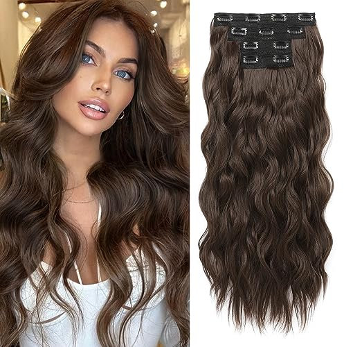 REECHO Clip in Extensions, 4PC Hair Extensions Clip in Haarverlängerungen 60 cm Dicke Lange Strandwellen Haarteile Unsichtbare Spitze Natürliche weiche Haarteile - Dunkles Schokoladenbraun