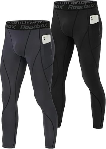 Roadbox Kompressionshose Herren Laufhose Lang für Sport, Training, Fitness, Radfahren, Yoga, Wandern, Basketball (2er Pack Tasche:Schwarz+Grau, XXL)