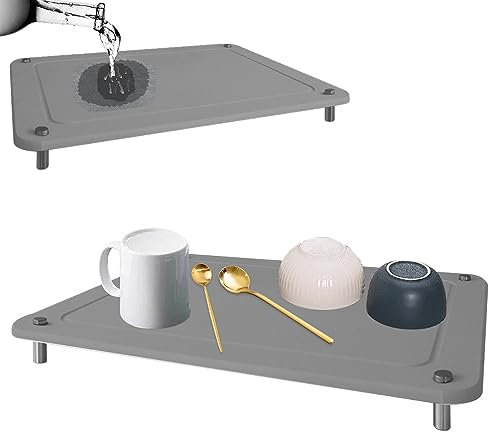 Tapete de secado de platos de piedra con base para fregadero instantáneo, secado instantáneo para fregadero de cocina de 15.7 x 11.8 pulgadas, tapete de secado rápido para encimera de cocina (gris)