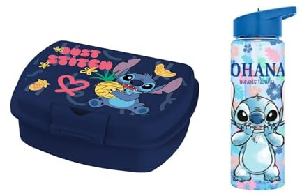 Disney Sandwichera Infantil de Stitch, sin BPA, con cierre de seguridad + Botella Stitch Ohana 600 ml con pajita y asa incorporada