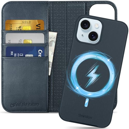 SHIELDON Case for iPhone 15 5G, Genuine Leather Detachable Folio Wallet Case with [Kickstand][RFID Blocking][Card Slots] Magnetic Wireless Charging Phone Cover Compatible with iPhone 15 - Navy Blue