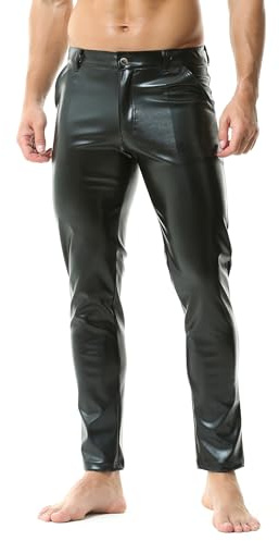 YUFEIDA Men's Leather Trousers Classic Wetlook Solid PU Leather Pants Zipper Pockets Slim Fit Pencil Pants Hot Legging Trousers for Motorcycle Cosplay Dance Stage Casual Black