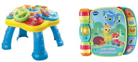VTech Baby Abenteuer Spieltisch – Bunter Babyspieltisch mit 6 Spielfeldern und interaktiven Elementen & Baby Mein erstes Liederbuch Kunterbuntes Buch mit 6 Seiten und beweglichen Elementen zum Spielen