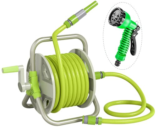 LONGRUN Gartenschlauch Aufroller mit freistehendem Gestell, 15,5M Schlauch und 1M Zulaufschlauch, Gartensprinkler mit 7 einstellbaren Modi - Grün
