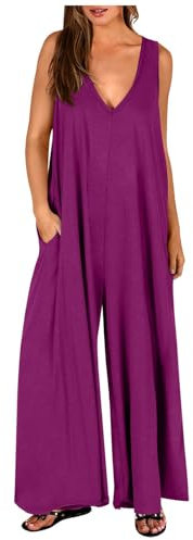 Salopette Femme Été Combinaison Femmes Chic et Elegant Salopettes et Combinaisons Fluide Jumpsuit Boheme Salopette sans Manches Overalls avec Poche Ample Tenue Décontractées à Jambes Larges Pantalon