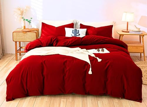 Menkala Housse de Couette 220x240 Rouge Parure de Lit Adulte Couvre lit 2 Personnes Sommier en Microfibre Linge de lit Semblable au Coton au Toucher avec 2 Taies d'oreiller 65x65 et Fermeture Éclair