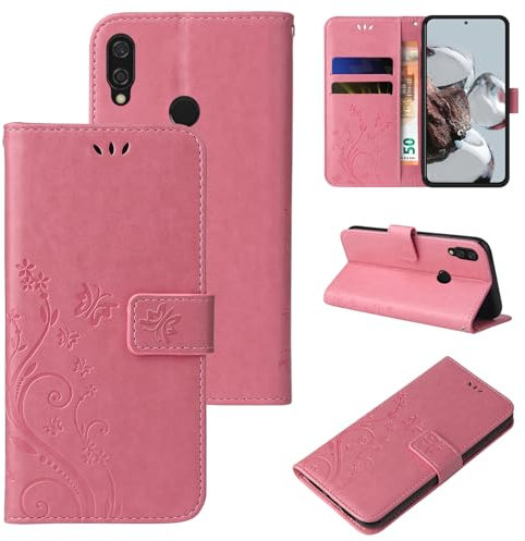 LBH Custodia protettiva per Huawei P20 Lite, motivo farfalle, fiori, funzione leggio, protezione a 360 gradi, colore: oro rosa