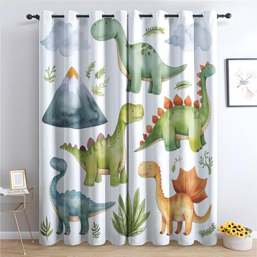 Bunte Dino Vorhang, Dinosaurier Gardinen,2er Set Verdunkelungsvorhang, Cartoon Vorhänge, Wohnzimmer Kinderzimmer Schlafzimmer Thermovorhang Schallschutz Blickdichte vorhänge, 137x117 cm i9&a155