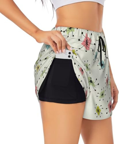 Atomic Stars 2-in-1 Damen-Shorts mit Retro-Muster, für Laufen, Athletik, Workout, Yoga, mit Taschen, S, M, L, XL, XXL, XXXL, Schwarz, Groß