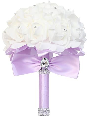 Brautstrauß mit Strass, Hochzeit Blumenstrauß Braut Brautjungfer Brautjungfern Bouquet ø18CM Blumensträusse Hochzeit Künstlich Silk Blume für Hochzeit, Fotoshooting (1-Taro lila,ø18x24CM)