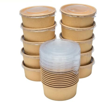London Coffee Cups 750ml Round Kraft Recyclable Food Containers with Lids - Takeaway Bowls for Hot/Cold Food - Leakproof Food Containers - Brown Cardboard Packaging Bowl (50)
