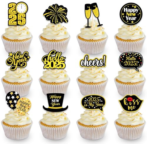 DazzJoy 24 Stk 2025 Neujahr Tortendeko Happy New Year,Happy New Year Cupcake Topper Silvester Party Deko 2025,Tortendeko Silvester,2025 Silvester Kuchen Deko,Neujahr Kuchendeko 2025,Hello 2025 Deko