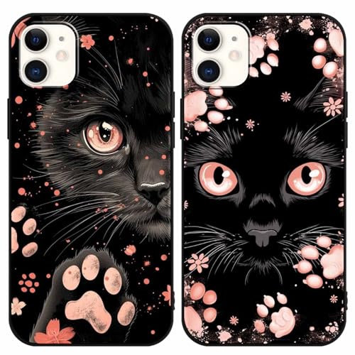 Yimctoie 2 Stück Handyhülle für iPhone 11 6,1,Cute Karikatur Katze Aesthetic Rosa Katzenpfote Muster Case,Kawaii Schwarz Cat Cartoon Schutzhülle Silikon Hülle TPU Stoßfeste Cover für iPhone 11