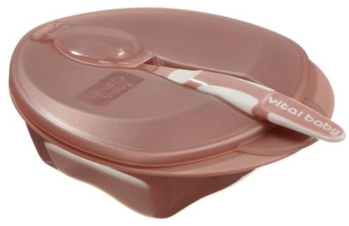Vital Baby Nourish Weaning Bowl with Lid & Spoon 6m+, Berry Pink, Food Mashing Zones, Soft Spoon Tip, EarthSmart Biodegradable, BPA-Free & Portable with Hygienic Spoon Cover