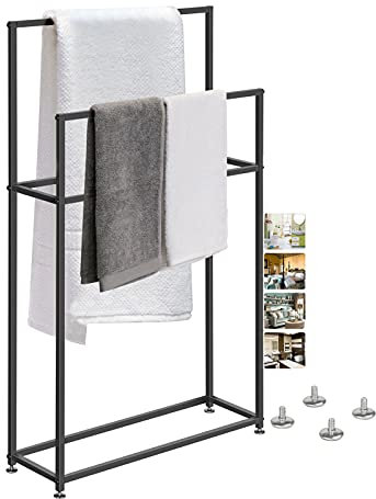 Porte-serviettes de salle de bain sur pied moderne noir mat avec 4 barres 2 niveaux