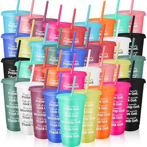 36 Pack Bible Verse Plastic Tumblers with Lids and Straws, 24 oz/710 ml | Inspirational Cups in 12 Colours, Bulk Christian Gifts for Women, Church Groups, Volunteers and Events