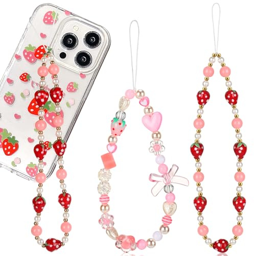 Wincredulous Phone Charms Strap Charm Cellphone Case Lanyard Wrist Strap Beaded String for Earphone Case(Strawberry Red Pink,2PCS)
