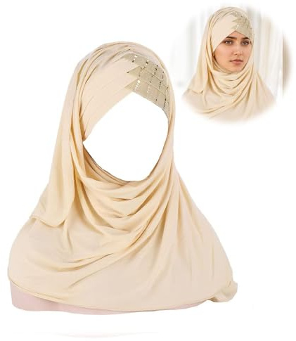 MSINMINW Muslimischer Hijab für Damen, leicht, lang, verstellbar, islamisch, elastisch, Kopfbedeckung, Pailletten-Schal