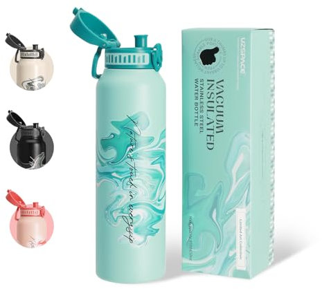 UZSPACE Botella de acero inoxidable de 1 l (970 ml), botella deportiva aislada con tapa abatible, apertura de 1 clic, a prueba de fugas, botella de agua para senderismo, deportes, gimnasio, exterior