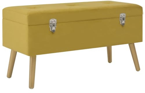 Teenpull Samt Sitzbank Senfgelb mit Stauraum, 80 cm Schuhbank für Flur, Schlafzimmer, Eingangsbereich, Truhenbank aus Kiefernholz, Polsterbank Goldbeine