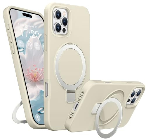 BENTIACC Liquid Silicone Magnetic Case for iPhone 16 Pro Max, White | Military Grade Shockproof Protection, Anti-Scratch Microfiber Lining Phone Case with Ring Stand, Hands-free for Video Work
