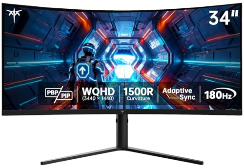 KTC Monitor curvo para juegos UWQHD de 34 pulgadas, monitor de PC ultraancho 3440x1440 1500R, 180Hz, 21:9, sincronización adaptativa, MPRT de 1 ms, contraste 4000:1, PIP/PBP, ajuste de altura de