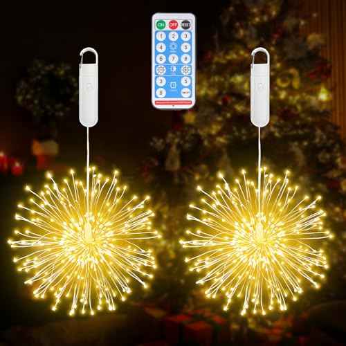 Indrnif 2 Stück Lichterkette Feuerwerk 2x120 LED Leuchtkugel,Hanging USB Feuerwerk Globe Lichter,8 Modi Wasserdicht Kupferdraht Lichter,mit Fernbedienung Timer für Innen Außen Garten Weihnachten Deko