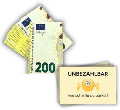 PROVISO TOOLS Auto Gadgets Lustige Falschparker Karten Fake 200€, 50 Stück | 200€-Optik, cellophaniert, 350g/m² Papier, wetterfest, Druck in Deutschland – als Strafzettel & Parkzettel, inkl. Beutel
