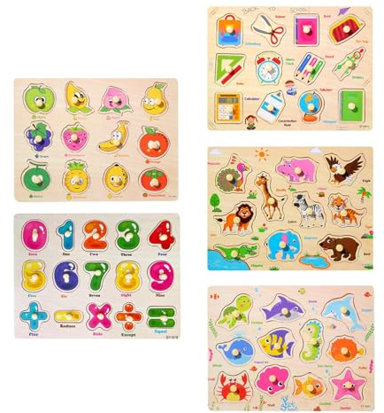 MotiveTech 5 Piezas Rompecabezas de Madera Puzle de Encastre Juego Preescolar Juguete Educativo Y Tablero de Actividades con Números Y Animales Adecuado para Ni