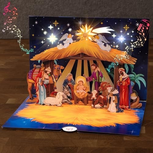 papercrush Pop-Up Karte Krippe mit Musik & LED Licht - Nostalgische 3D Weihnachtskarte mit christlichem Motiv für Frauen und Kinder - Frohe Weihnachten Billet mit Christkind in Weihnachtskrippe