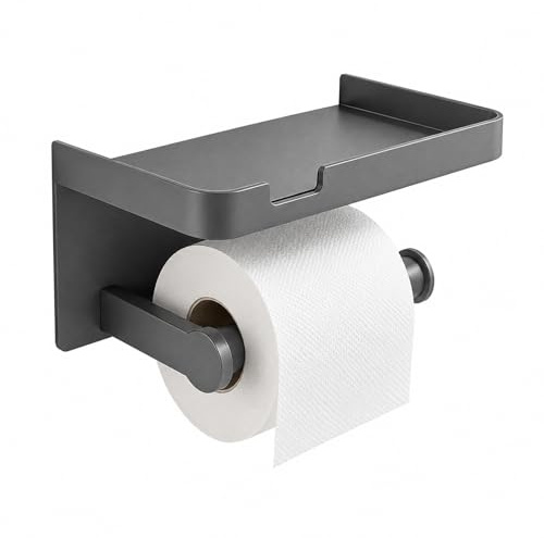 Tapwish Toilet Roll Holder with Shelf, Aluminium, No Drill, Gunmetal Grey | 9 kg adhesive load tested after 24-hour cure; pre-drilled holes for optional screw mounting