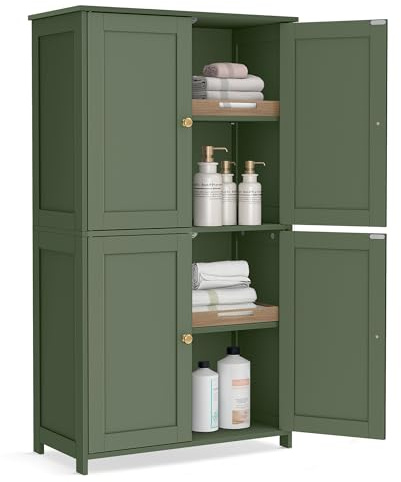 VASAGLE Floor Storage Cabinet, Shaker Cabinet with 2 Adjustable Shelves, 4 Doors, Tall Freestanding Organizer Unit, for Kitchen Bathroom Living Room, Forest Green UBBC553CH01S