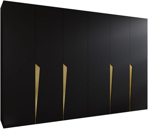 MEBLE KRYSPOL - Kleiderschrank - Garderobenschrank - 300 cm x 202 x 52 cm - Schrank mit Kleiderstange, 6 Türen - für Schlafzimmer, Flur - Piano, Schwarz, Griff Gold