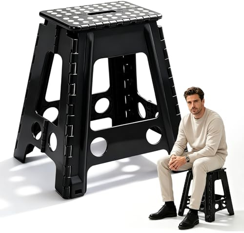 45cm Tritthocker Klappbar Schwarz, Faltbarer Hocker Tritthocker, Klappbarer Klapphocker Faltbar mit 150 Kg Tragkraft, Anti-Rutsch Oberfläche & Tragegriff-Platzsparender, Bad und Wohnzimmer