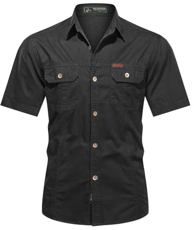 Muwodkdn Chemise Homme Manches Courtes Coton Cargo avec 2 Poches Poitrine | Chemisette Boutonnée Col Montant Slim Fit Couleur Unie Chemises de Travail Homme Safari Militaire Tactique Shirt
