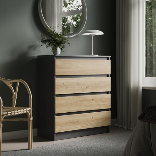 Kommode 76cm breit mit 4 Schubladen Kommode anthrazit artisan-eiche schmal Holz Schrank Kommode mit Schubladen Sideboard Highboard Anrichte Schlafzimmer Wohnzimmer Flur Büro Organizer Breite 76 cm