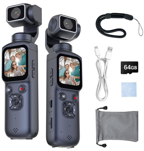 WOWAWOLA 4K Vlogging Camera with 330° Rotating Lens, 75MP Action POV Cam with Face Tracking, Pocket Body Camera for Video Recording, 64GB TF Card