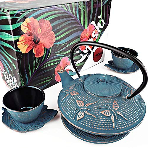 KIYOSHI Luxury Japanisches Teeservice Blue Butterfly Gusseisen Teekanne mit 2 Teetassen, Untertassen, losen Teeblättern und Teekannenuntersetzer Zeremonielles Matcha-Zubehör Eisen-Jubiläumsgeschenke